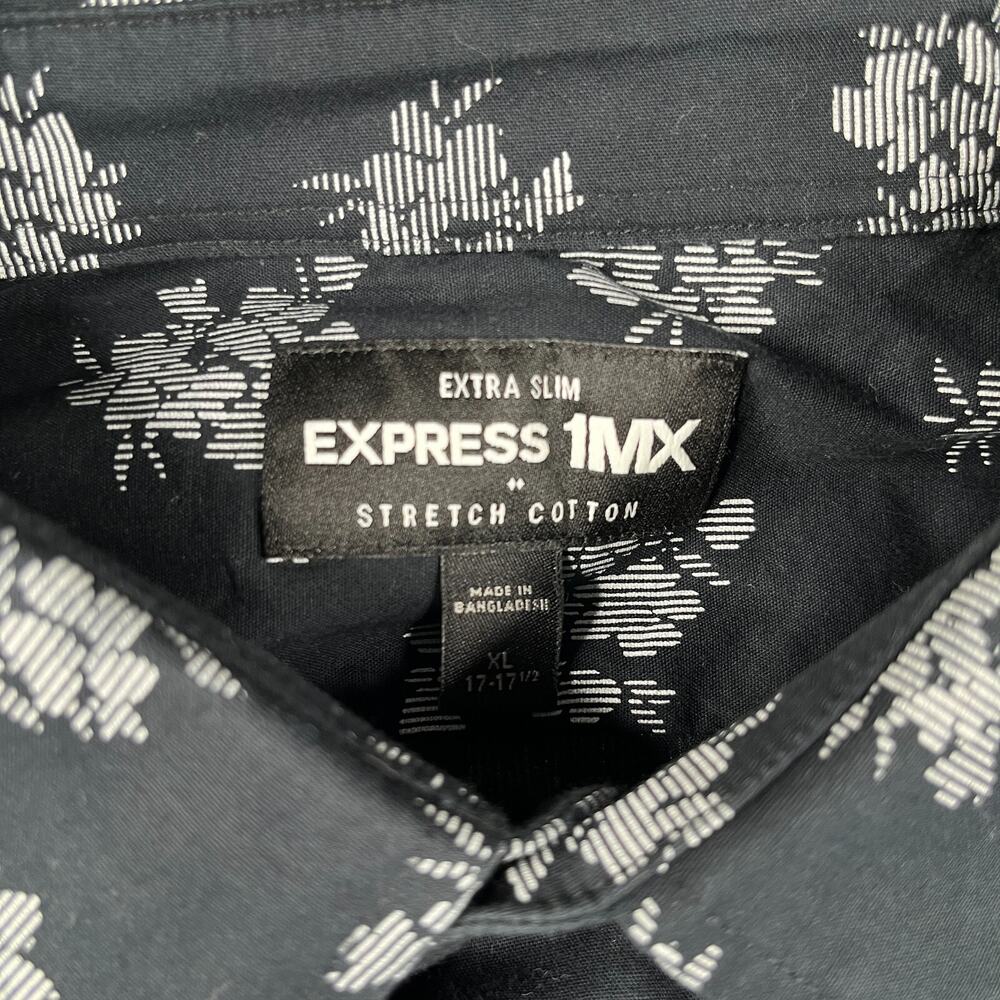 Express 1MX Shirt XL Black Floral Extra Slim Stretch Button Up Long Sleeve Mens - Picture 4 of 11